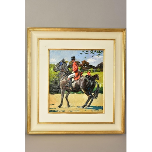 443 - SHERREE VALENTINE DAINES (BRITISH 1959) 'THE WINDSOR HORSE SHOW', a male figure astride a chestnut h... 