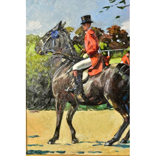 443 - SHERREE VALENTINE DAINES (BRITISH 1959) 'THE WINDSOR HORSE SHOW', a male figure astride a chestnut h... 