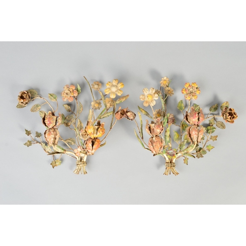 116 - A PAIR OF EARLY 20TH CENTURY PAINTED WROUGHT IRON GIRANDOLES, in the form of sprays of flowers with ... 