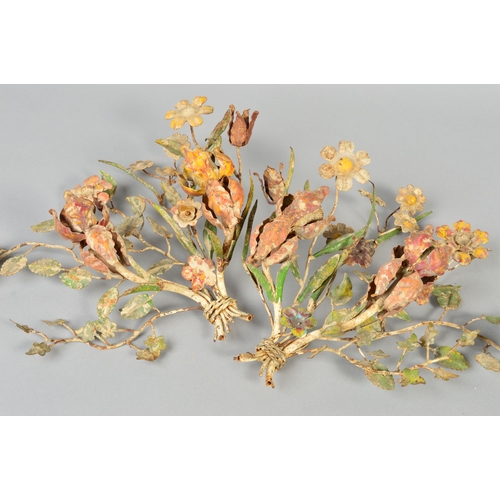 116 - A PAIR OF EARLY 20TH CENTURY PAINTED WROUGHT IRON GIRANDOLES, in the form of sprays of flowers with ... 