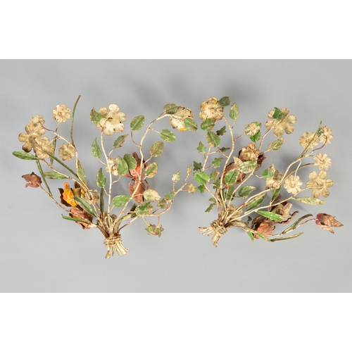 116 - A PAIR OF EARLY 20TH CENTURY PAINTED WROUGHT IRON GIRANDOLES, in the form of sprays of flowers with ... 