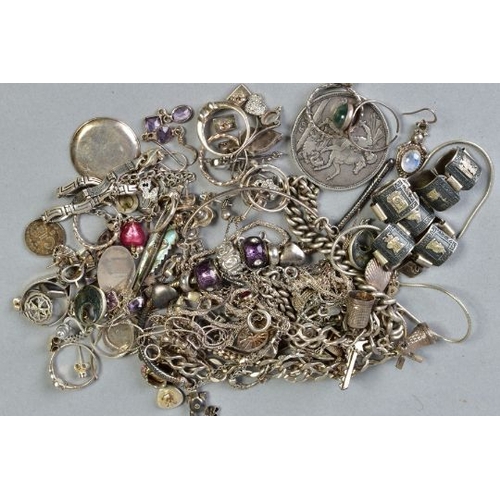 61 - A SELECTION OF SILVER AND WHITE METAL JEWELLERY, to include an 1889 Victoria coin, a charm bracelet,... 