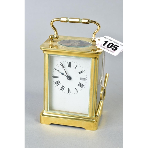 105 - A 20TH CENTURY BRASS CASED CARRIAGE CLOCK, white dial, Roman numerals, marked ACC L to the back plat... 