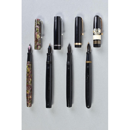 11 - FOUR VINTAGE 'SWAN' SELF FILLER FOUNTAIN PENS including a marbled green and red 100/59 No 1K 14ct go... 