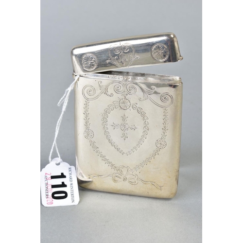 110 - AN EDWARDIAN SILVER CARD CASE, rectangular outline, engraved with ribbons, husking, roundels and scr... 