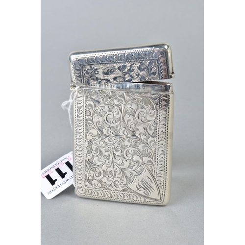 111 - AN EDWARDIAN SILVER CARD CASE, rectangular outline, foliate engraved decoration back and front, shie... 