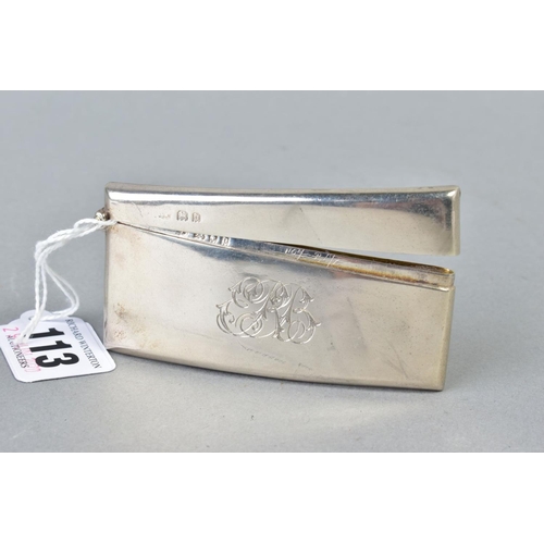 113 - A GEORGE V SILVER CARD CASE, of bowed rectangular form, plain, engraved initials, hinged top, makers... 