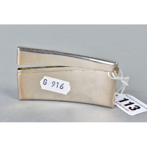 113 - A GEORGE V SILVER CARD CASE, of bowed rectangular form, plain, engraved initials, hinged top, makers... 