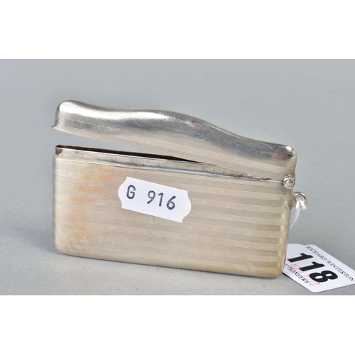 118 - A GEORGE V SILVER CARD CASE, rectangular with serpentine hinged top, engine turned decoration, vacan... 