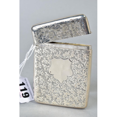 119 - A LATE VICTORIAN SILVER CARD CASE, of rectangular form, engraved with leaf decoration, vacant cartou... 