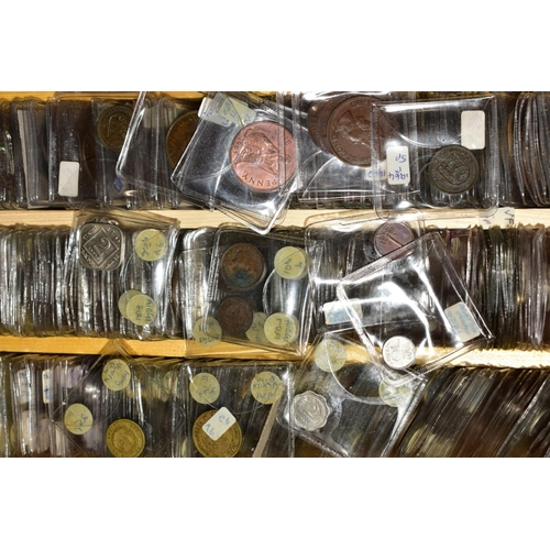 128 - A LARGE COLLECTION OF COINS AND COMMEMORATIVES to include four purpose made coin cases, 24'' x 18'' ... 