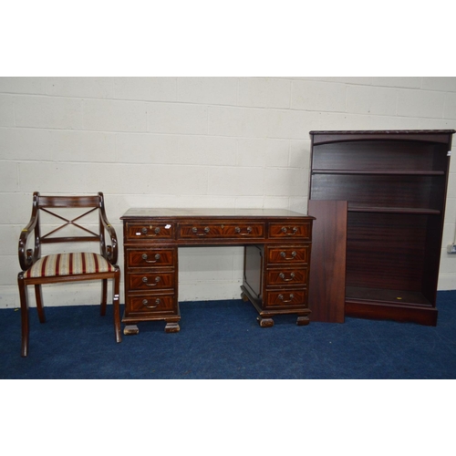 1288 - A REPRODUCTION MAHOGANY STRUNG INLAY PEDESTAL DESK with nine assorted drawers together with a carver... 