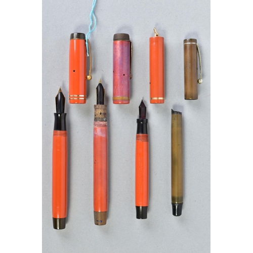 13 - THREE PARKER DUOFOLD LUCKY CURVE AND A DUOLOLD FOUNTAINS PENS, these include one burnt orange with s... 