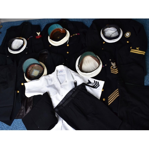 130 - FIVE US NAVAL FORCES DRESS JACKETS, with sleeve insignia, medal ribbons etc, possibly WWII or later,... 