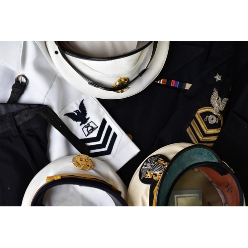 130 - FIVE US NAVAL FORCES DRESS JACKETS, with sleeve insignia, medal ribbons etc, possibly WWII or later,... 