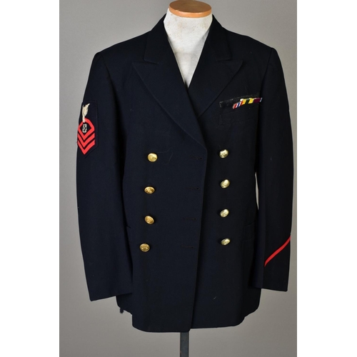 131 - FOUR NAVAL DRESS JACKETS, with sleeve insignia and medal ribbons