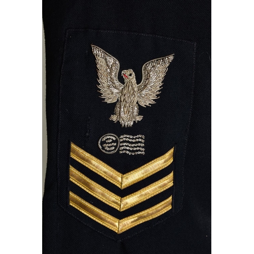 131 - FOUR NAVAL DRESS JACKETS, with sleeve insignia and medal ribbons