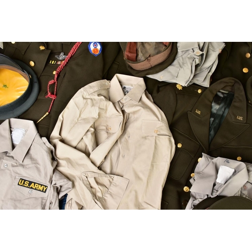 132 - FIVE US ARMY DRESS JACKETS, with five sand coloured shirts and five green uniform caps, with US insi... 