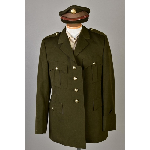 132 - FIVE US ARMY DRESS JACKETS, with five sand coloured shirts and five green uniform caps, with US insi... 