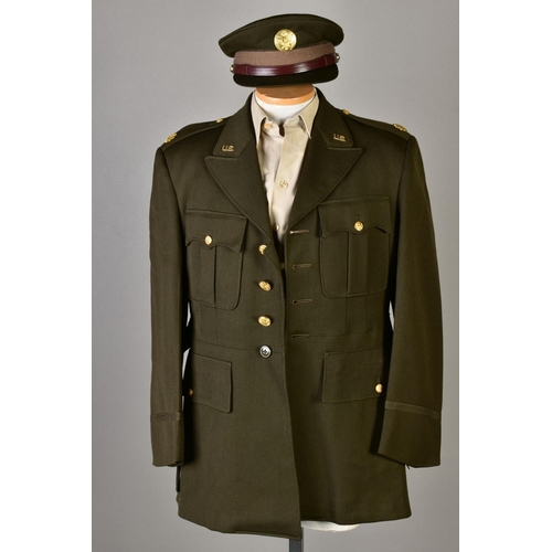 132 - FIVE US ARMY DRESS JACKETS, with five sand coloured shirts and five green uniform caps, with US insi... 