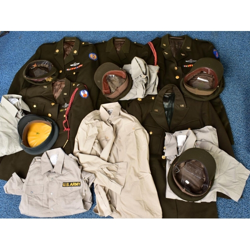 132 - FIVE US ARMY DRESS JACKETS, with five sand coloured shirts and five green uniform caps, with US insi... 