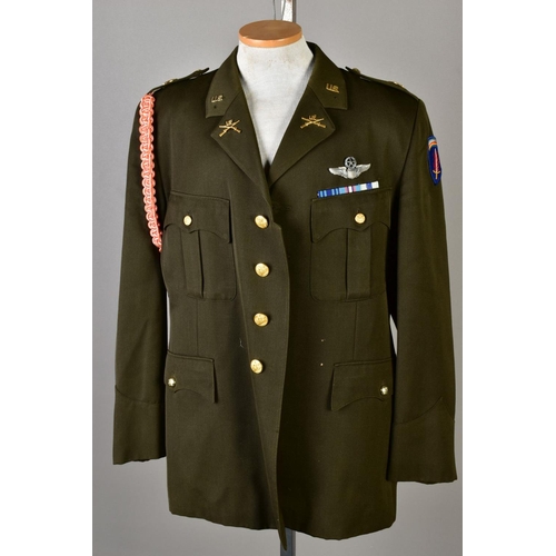 133 - FIVE US ARMY DRESS JACKETS, with sleeve insignia, badges, medal ribbons etc, WWII era or later