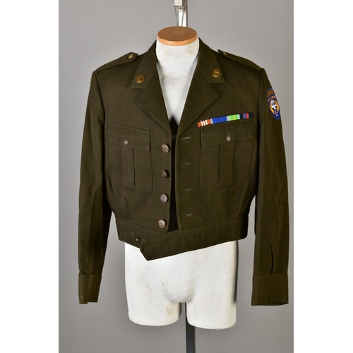 134 - FIVE US ARMY SHORT, belted battledress jackets, WWII style, some with insignia, sleeve etc and medal... 