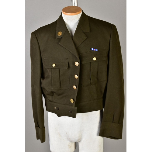 134 - FIVE US ARMY SHORT, belted battledress jackets, WWII style, some with insignia, sleeve etc and medal... 