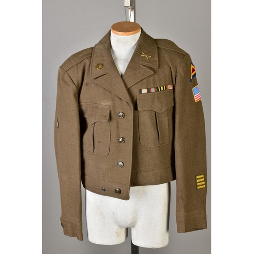 134 - FIVE US ARMY SHORT, belted battledress jackets, WWII style, some with insignia, sleeve etc and medal... 