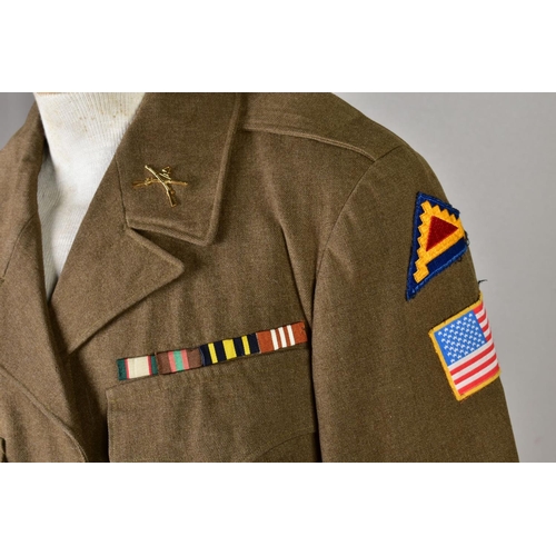 134 - FIVE US ARMY SHORT, belted battledress jackets, WWII style, some with insignia, sleeve etc and medal... 