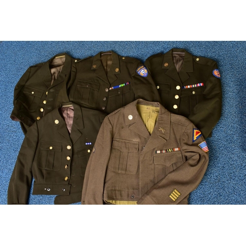 134 - FIVE US ARMY SHORT, belted battledress jackets, WWII style, some with insignia, sleeve etc and medal... 