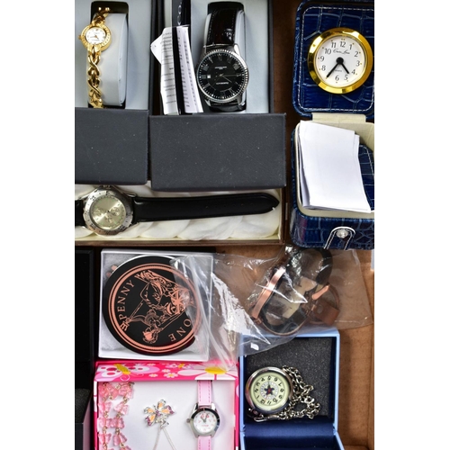 139 - A BOX OF WATCHES, to include a ladies, gentleman's and a child's watch, of various designs, two by D... 