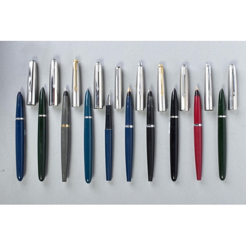 14 - TEN PARKER FOUNTAIN PENS including a blue and chrome '21' with an unusual clip and nib, a blue and c... 