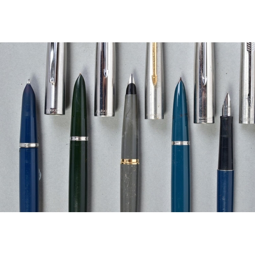 14 - TEN PARKER FOUNTAIN PENS including a blue and chrome '21' with an unusual clip and nib, a blue and c... 