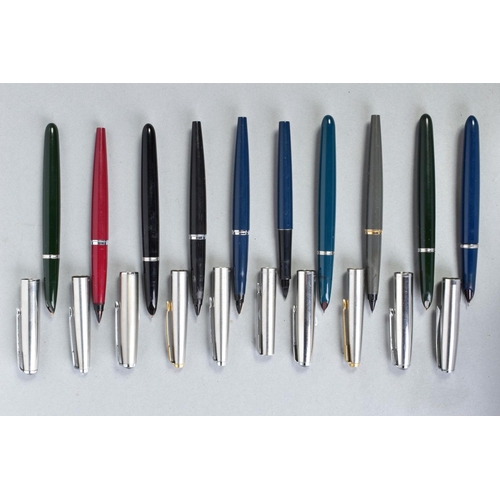 14 - TEN PARKER FOUNTAIN PENS including a blue and chrome '21' with an unusual clip and nib, a blue and c... 