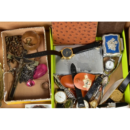 140 - A BOX OF MAINLY COSTUME JEWELLERY AND WATCHES, to include an Exquisite leaf brooch, an enamel stickp... 