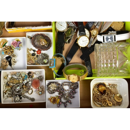 140 - A BOX OF MAINLY COSTUME JEWELLERY AND WATCHES, to include an Exquisite leaf brooch, an enamel stickp... 