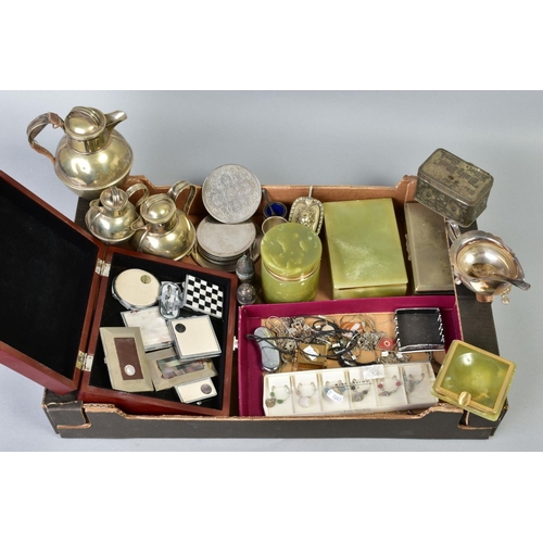 143 - A BOX OF MISCELLANEOUS ITEMS, to include various EPNS silver plated pieces, to include lidded jugs, ... 