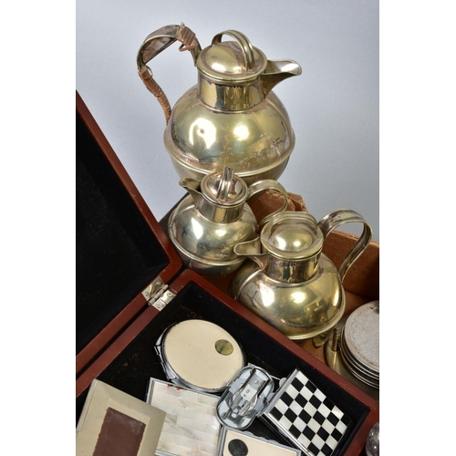 143 - A BOX OF MISCELLANEOUS ITEMS, to include various EPNS silver plated pieces, to include lidded jugs, ... 