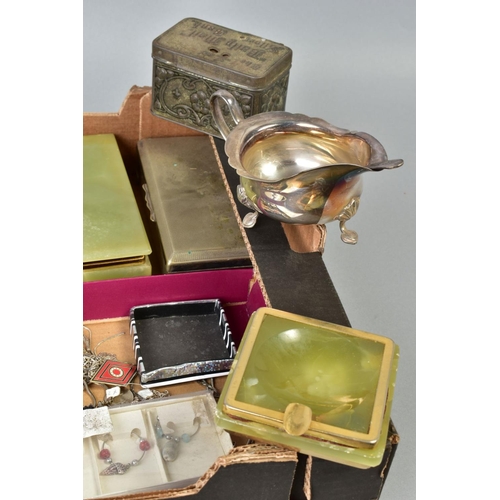 143 - A BOX OF MISCELLANEOUS ITEMS, to include various EPNS silver plated pieces, to include lidded jugs, ... 