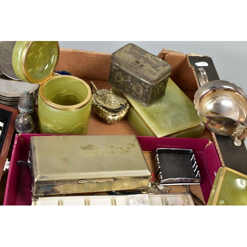 143 - A BOX OF MISCELLANEOUS ITEMS, to include various EPNS silver plated pieces, to include lidded jugs, ... 