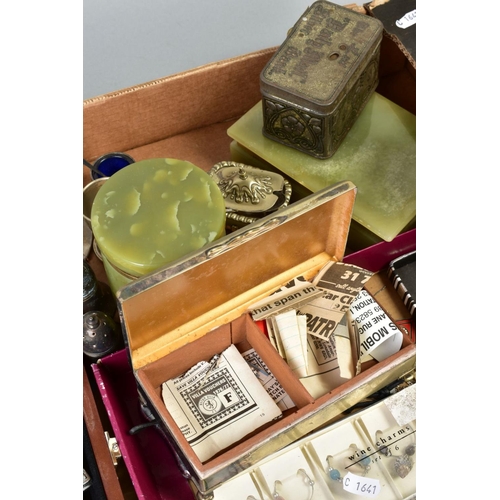 143 - A BOX OF MISCELLANEOUS ITEMS, to include various EPNS silver plated pieces, to include lidded jugs, ... 