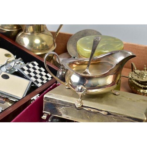 143 - A BOX OF MISCELLANEOUS ITEMS, to include various EPNS silver plated pieces, to include lidded jugs, ... 