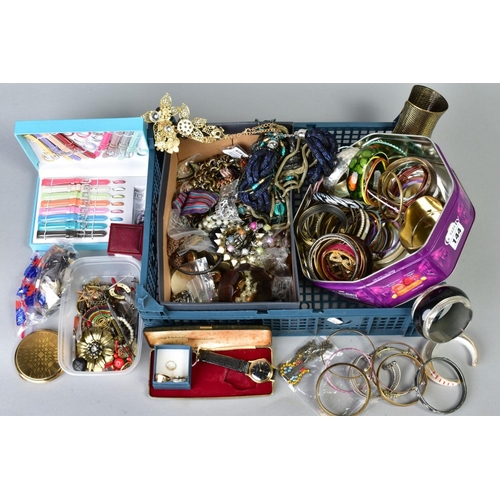 144 - A BOX OF COSTUME JEWELLERY ETC, to include a cased Philip Mercier wristwatch with interchangeable co... 