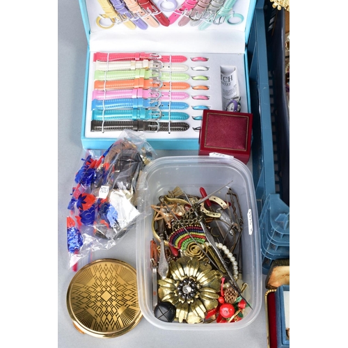 144 - A BOX OF COSTUME JEWELLERY ETC, to include a cased Philip Mercier wristwatch with interchangeable co... 