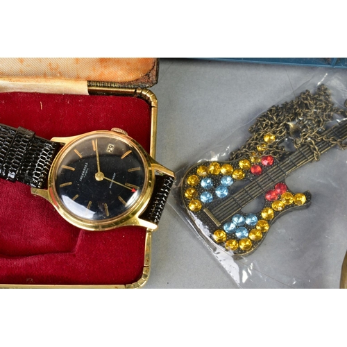 144 - A BOX OF COSTUME JEWELLERY ETC, to include a cased Philip Mercier wristwatch with interchangeable co... 