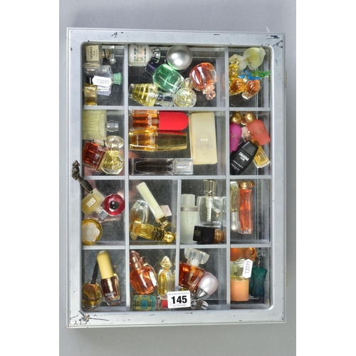 145 - FORTY SIX MINIATURE PERFUME BOTTLES IN HINGED DISPLAY CASE, most bottles with perfume inside, most u... 