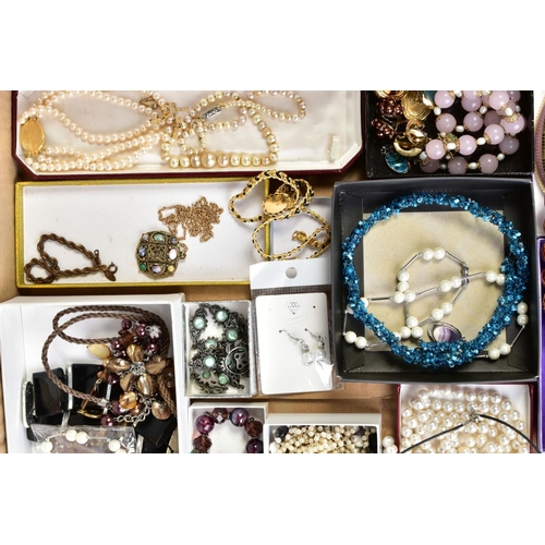 146 - A BOX OF COSTUME JEWELLERY, to include a pair of silver gilt Wedgwood clip earrings of oval outline,... 