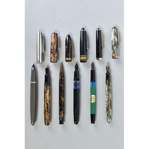 19 - A COLLECTION OF SIX VINTAGE FOUNTAIN PENS including a Moore 94A in striped golden brown with a 14ct ... 