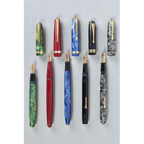 21 - FIVE CONWAY STEWART FOUNTAIN PENS including a No 85L in gold vein marbled blue with a 14ct No 3 nib,... 